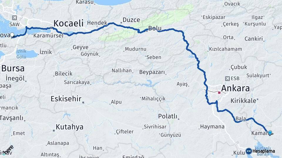Kırşehir Kaman Yalova Arası Kaç Km - Yol Haritası