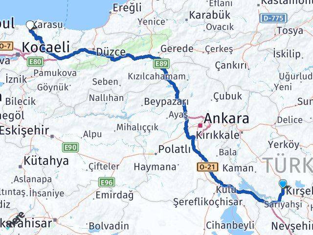 Kırşehir Kandıra Kocaeli Arası Kaç Km - Yol Haritası