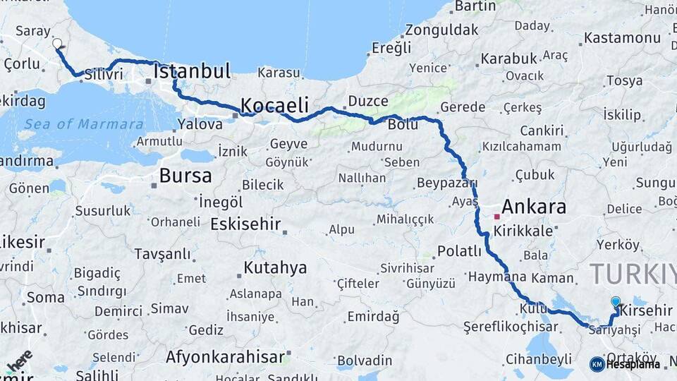 Kırşehir Kapaklı Tekirdağ Arası Kaç Km - Yol Haritası