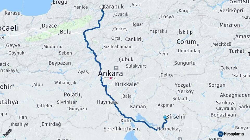 Kırşehir Karabük Arası Kaç Km - Yol Haritası