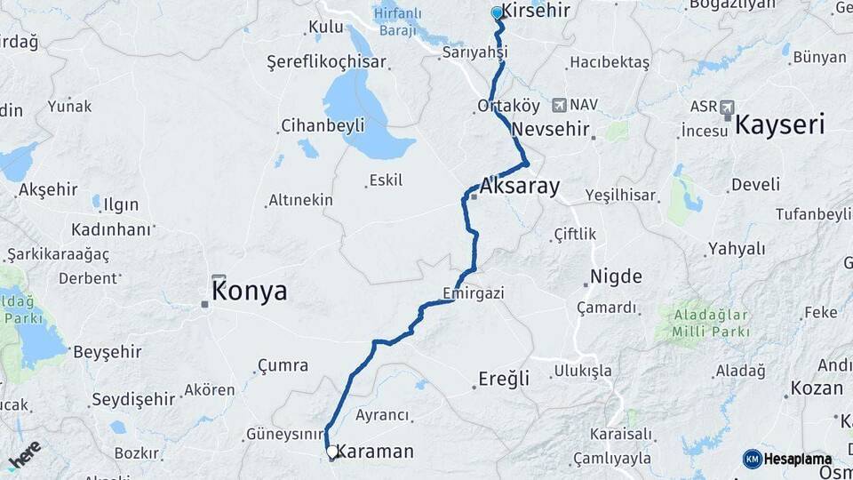 Kırşehir Karaman Arası Kaç Km - Yol Haritası