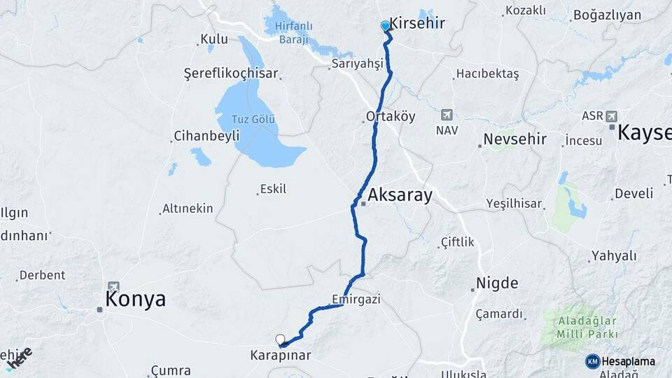 Kırşehir Karapınar Konya Arası Kaç Km - Yol Haritası