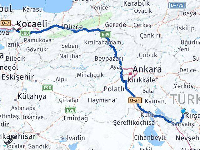 Kırşehir Kartepe Kocaeli Arası Kaç Km - Yol Haritası