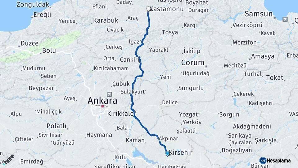 Kırşehir Kastamonu Arası Kaç Km - Yol Haritası