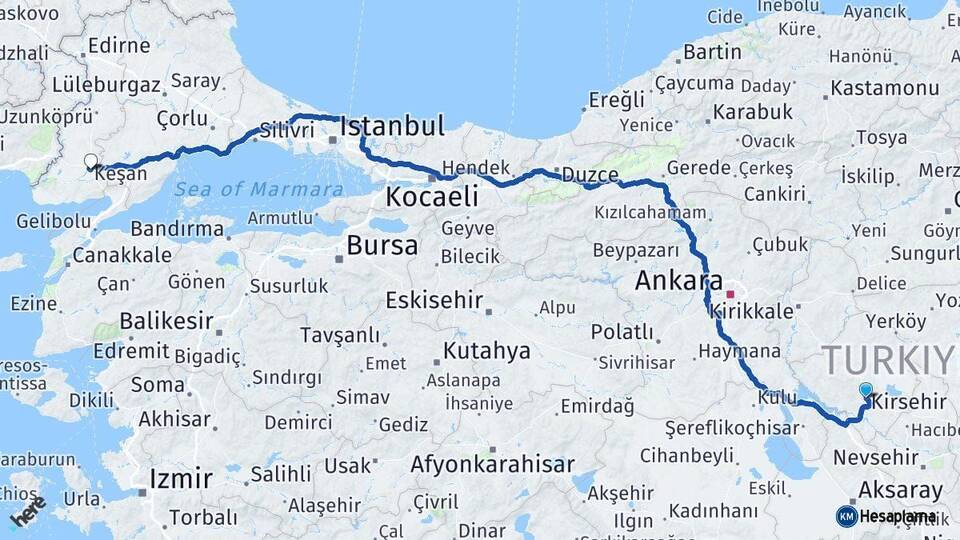 Kırşehir Keşan Edirne Arası Kaç Km - Yol Haritası