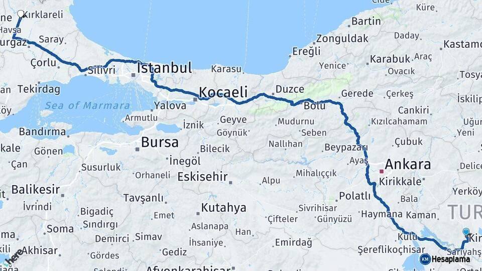 Kırşehir Kırklareli Arası Kaç Km - Yol Haritası