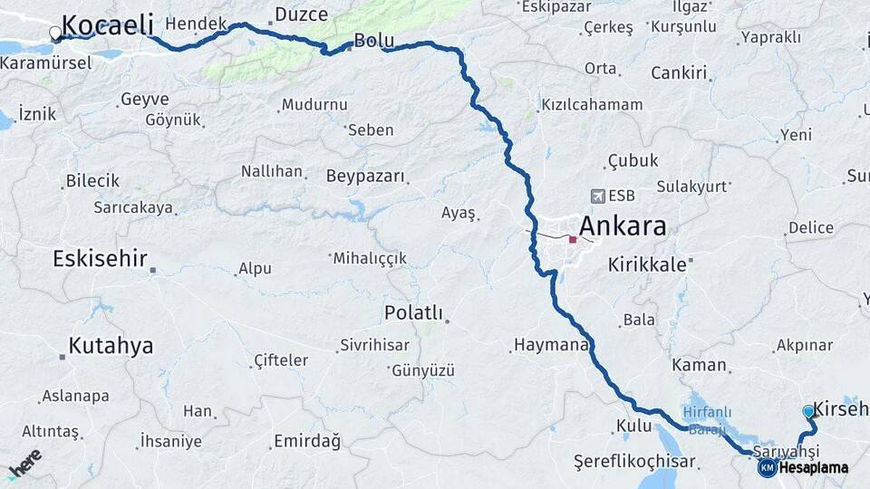 Kırşehir Kocaeli Arası Kaç Km - Yol Haritası