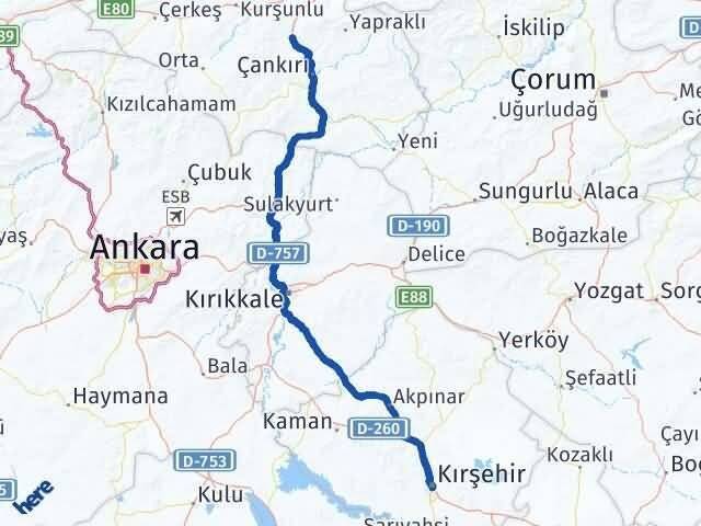 Kırşehir Korgun Çankırı Arası Kaç Km - Yol Haritası