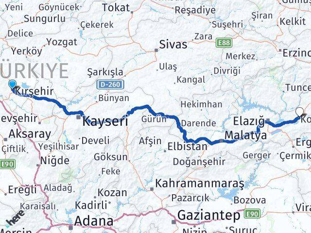 Kırşehir Kovancılar Elazığ Arası Kaç Km - Yol Haritası