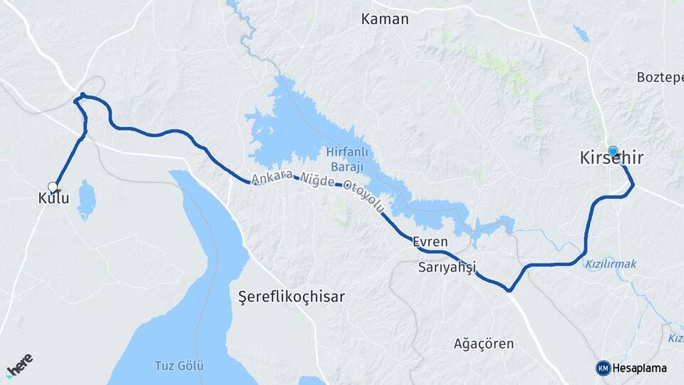 Kırşehir Kulu Konya Arası Kaç Km - Yol Haritası
