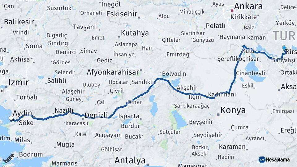 Kırşehir Kuşadası Aydın Arası Kaç Km - Yol Haritası