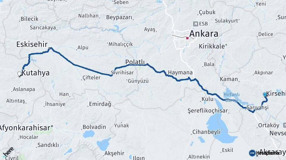 Kırşehir Kütahya Arası Kaç Km - Yol Haritası