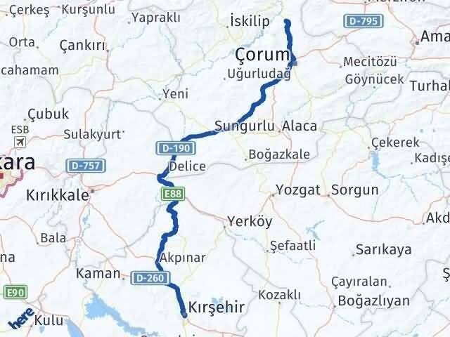 Kırşehir Laçin Çorum Arası Kaç Km - Yol Haritası