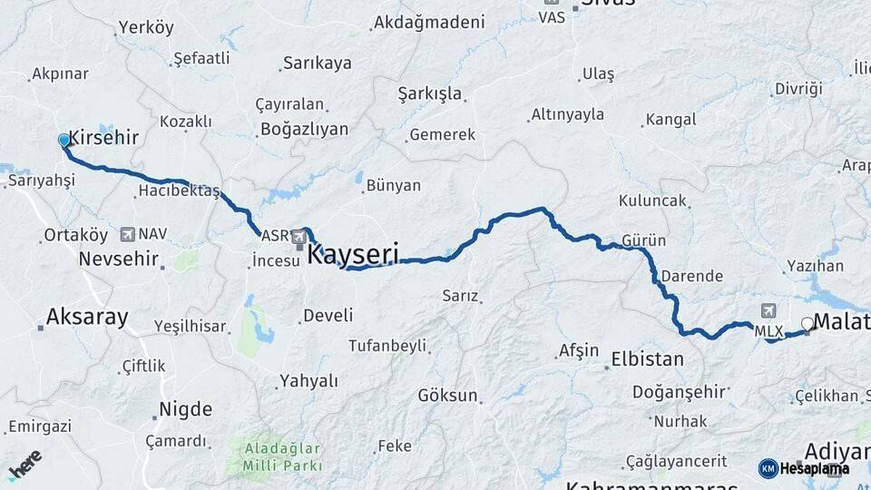 Kırşehir Malatya Arası Kaç Km - Yol Haritası