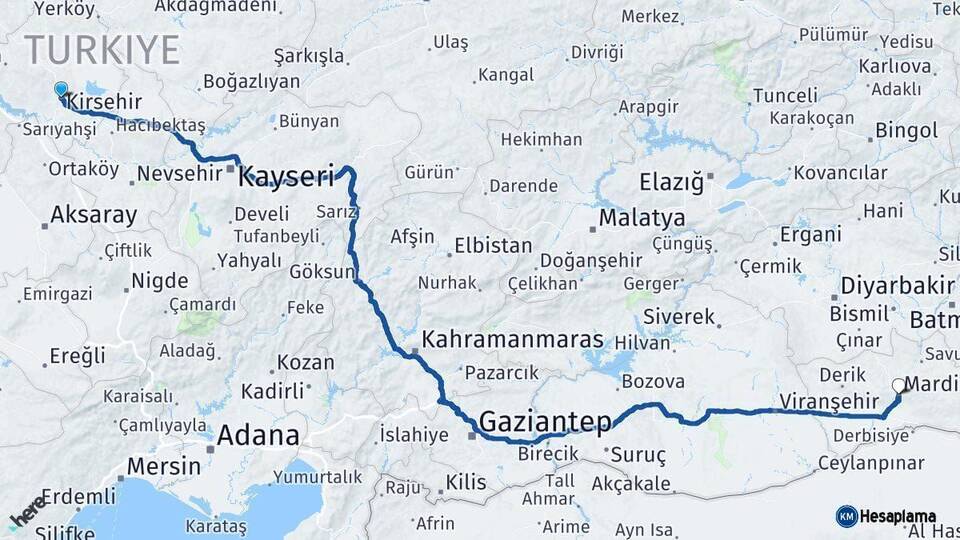 Kırşehir Mardin Arası Kaç Km - Yol Haritası