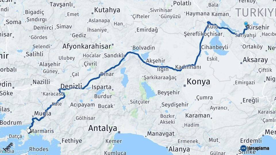 Kırşehir Marmaris Muğla Arası Kaç Km - Yol Haritası