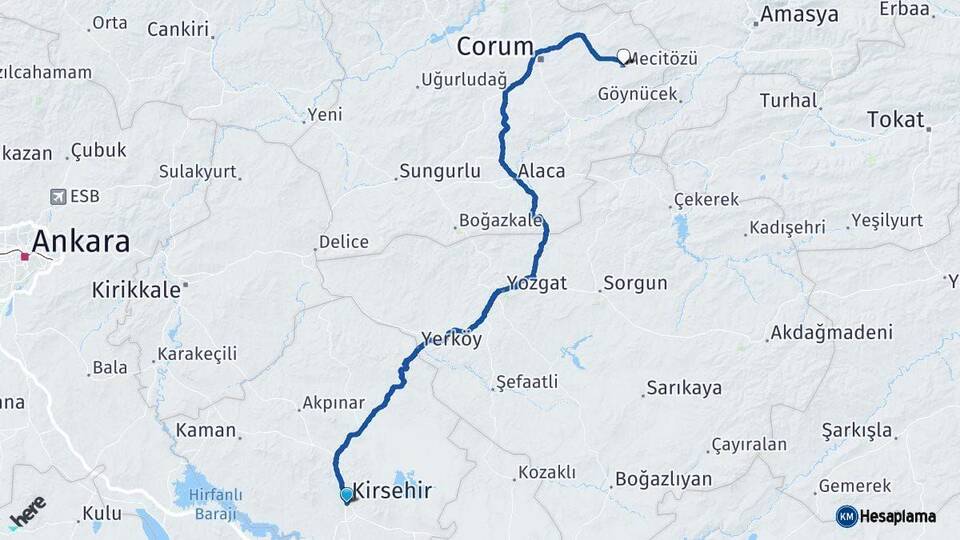 Kırşehir Mecitözü Çorum Arası Kaç Km - Yol Haritası