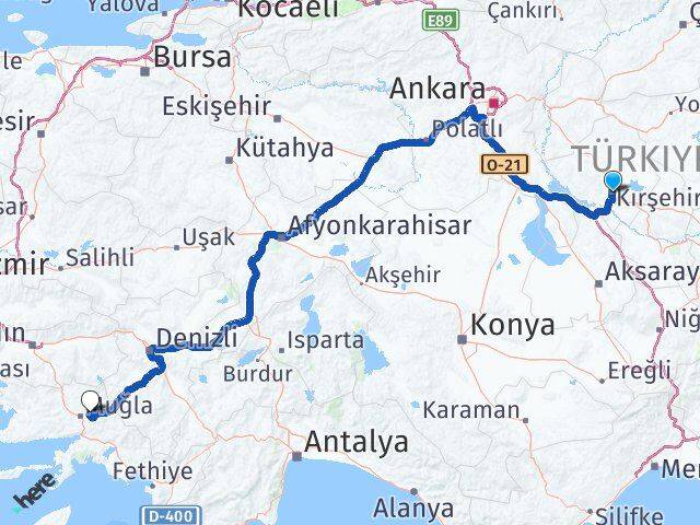 Kırşehir Menteşe Muğla Arası Kaç Km - Yol Haritası