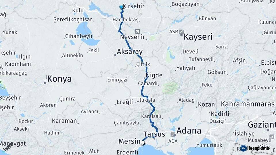 Kırşehir Mersin Arası Kaç Km - Yol Haritası