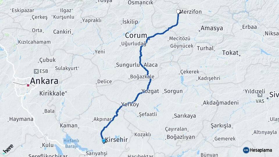 Kırşehir Merzifon Amasya Arası Kaç Km - Yol Haritası