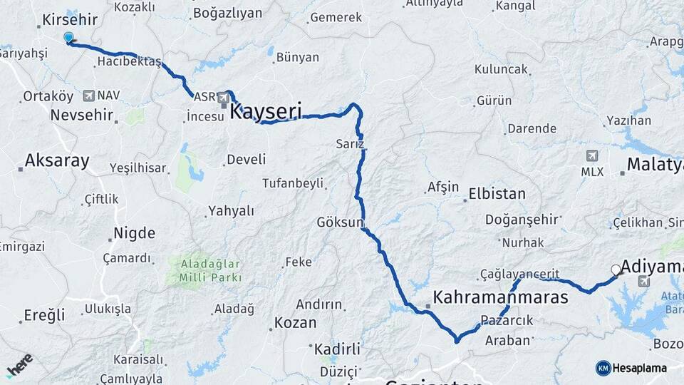 Kırşehir Mucur Adıyaman Arası Kaç Km - Yol Haritası