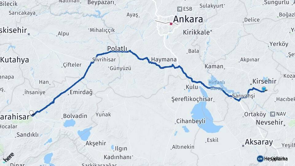 Kırşehir Mucur Afyonkarahisar Arası Kaç Km - Yol Haritası