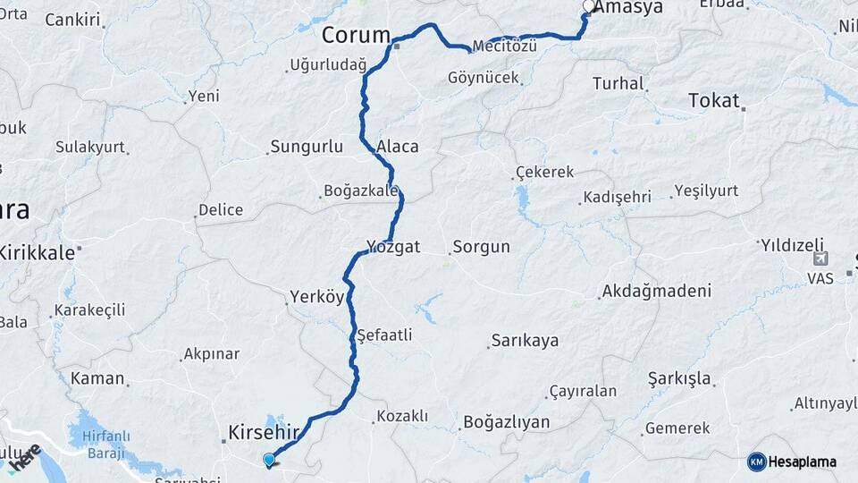 Kırşehir Mucur Amasya Arası Kaç Km - Yol Haritası