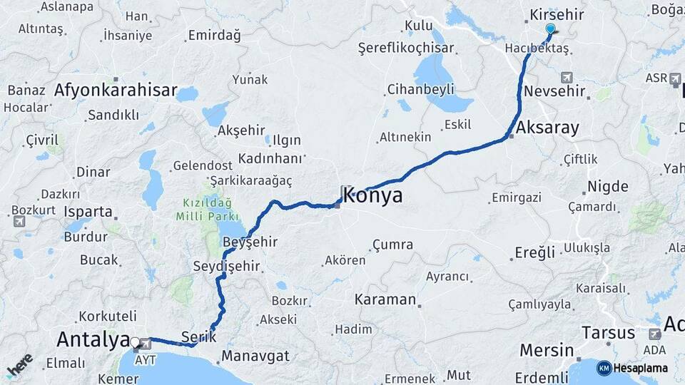 Kırşehir Mucur Antalya Arası Kaç Km - Yol Haritası