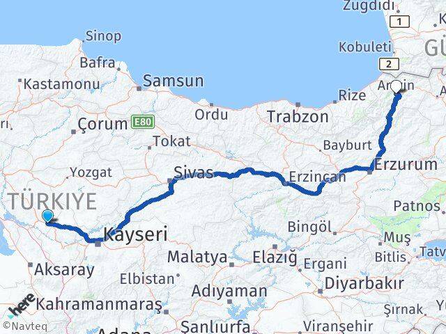 Kırşehir Mucur Artvin Arası Kaç Km - Yol Haritası