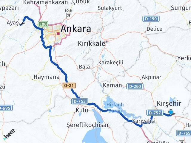Kırşehir Mucur Ayaş Ankara Arası Kaç Km - Yol Haritası
