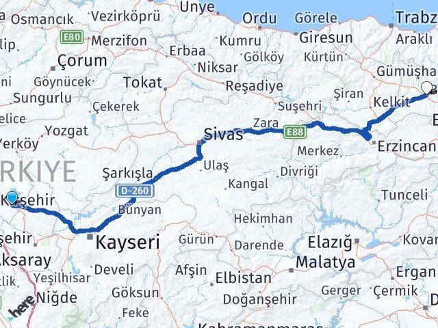 Kırşehir Mucur Bayburt Arası Kaç Km - Yol Haritası