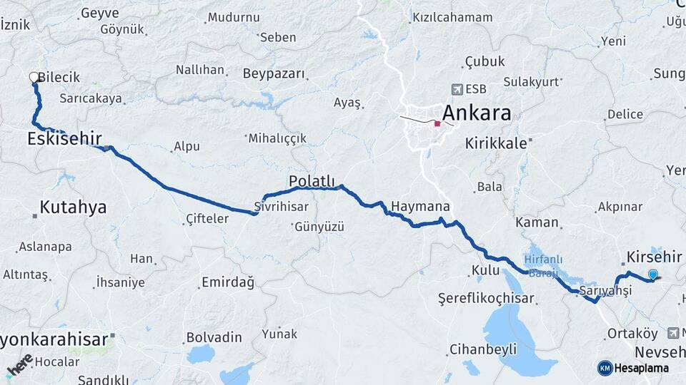 Kırşehir Mucur Bilecik Arası Kaç Km - Yol Haritası