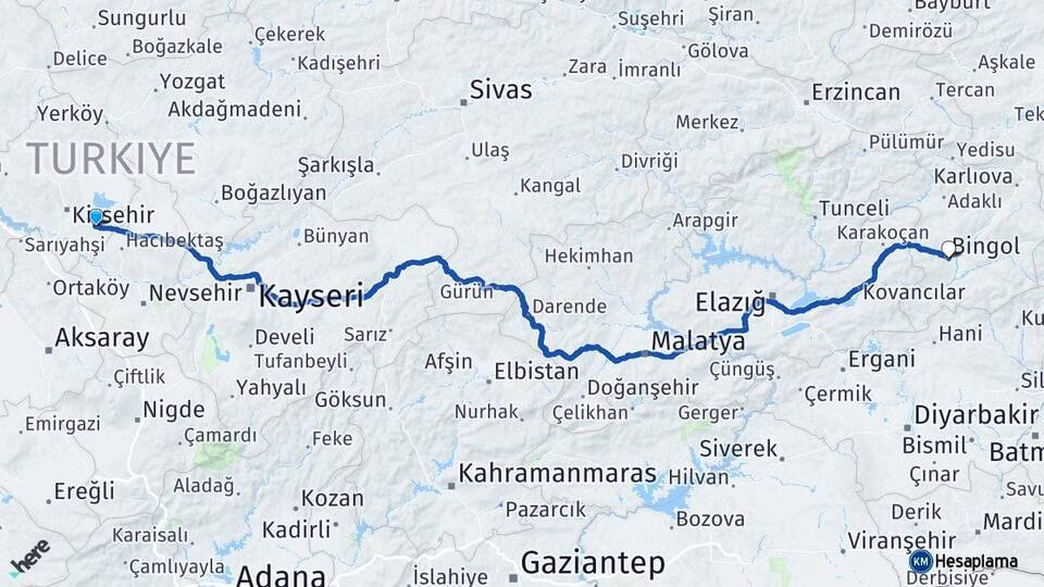 Kırşehir Mucur Bingöl Arası Kaç Km - Yol Haritası