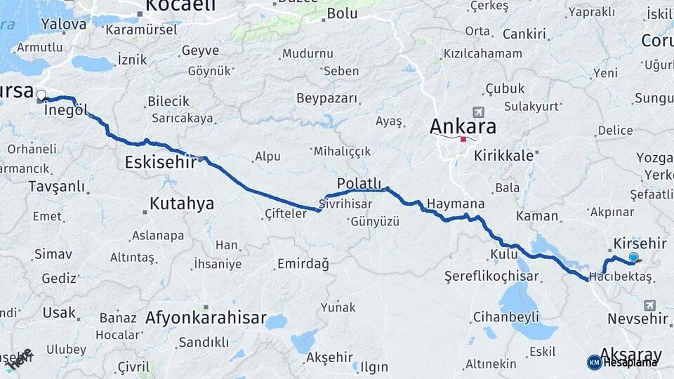 Kırşehir Mucur Bursa Arası Kaç Km - Yol Haritası