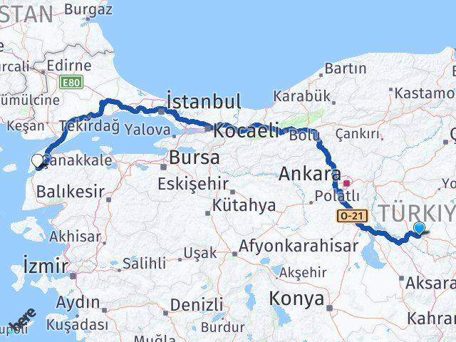Kırşehir Mucur Çanakkale Arası Kaç Km - Yol Haritası