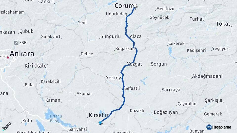 Kırşehir Mucur Çorum Arası Kaç Km - Yol Haritası