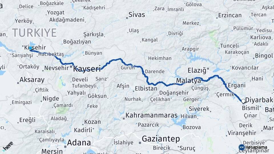 Kırşehir Mucur Diyarbakır Arası Kaç Km - Yol Haritası