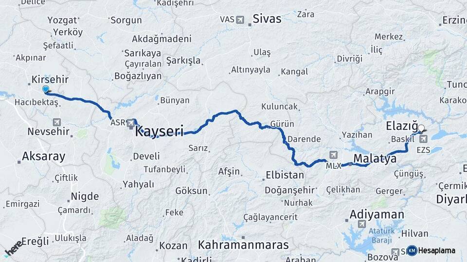 Kırşehir Mucur Elazığ Arası Kaç Km - Yol Haritası