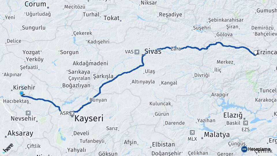 Kırşehir Mucur Erzincan Arası Kaç Km - Yol Haritası