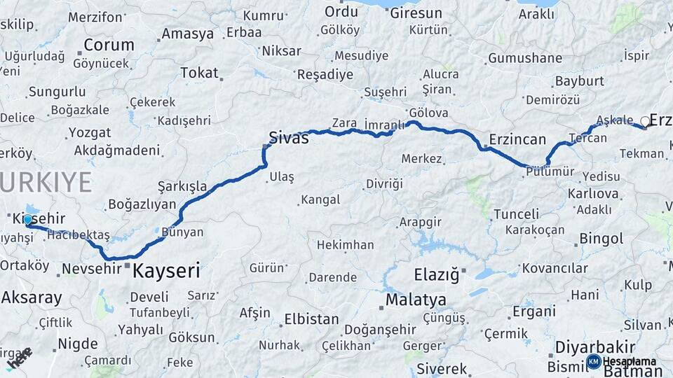 Kırşehir Mucur Erzurum Arası Kaç Km - Yol Haritası