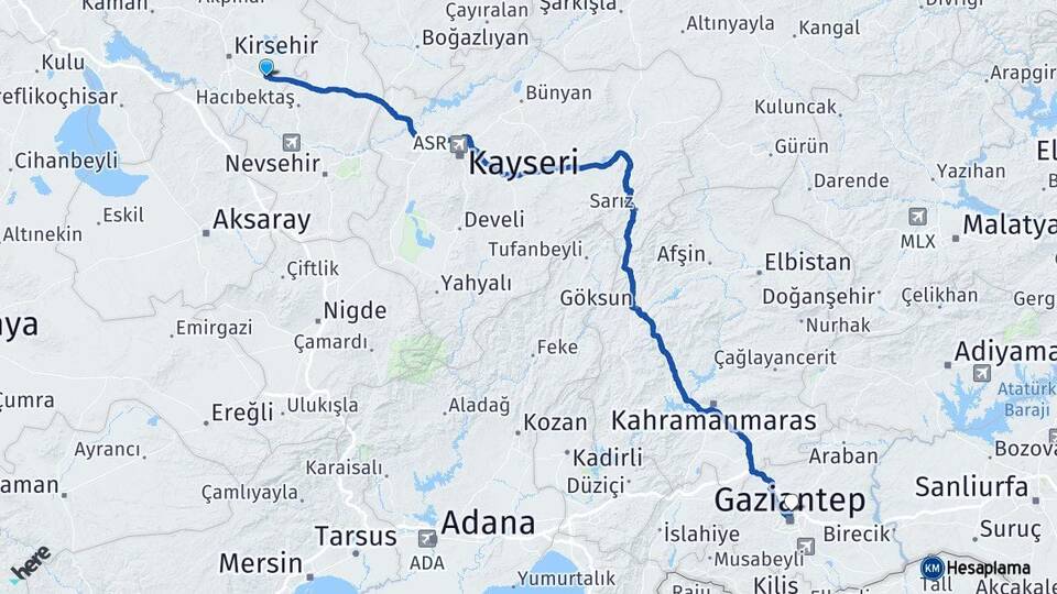 Kırşehir Mucur Gaziantep Arası Kaç Km - Yol Haritası