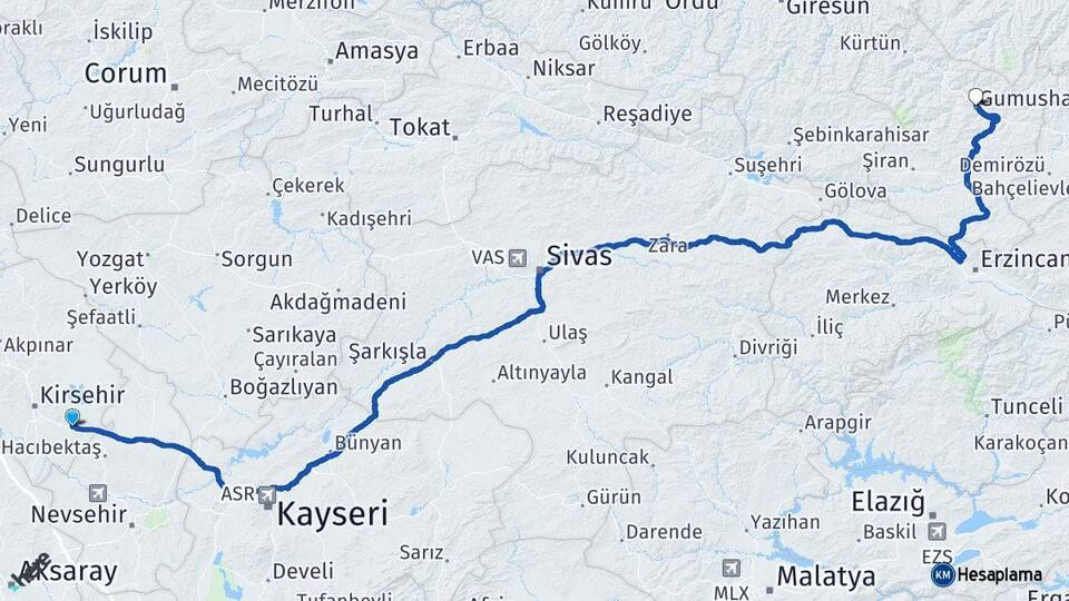 Kırşehir Mucur Gümüşhane Arası Kaç Km - Yol Haritası