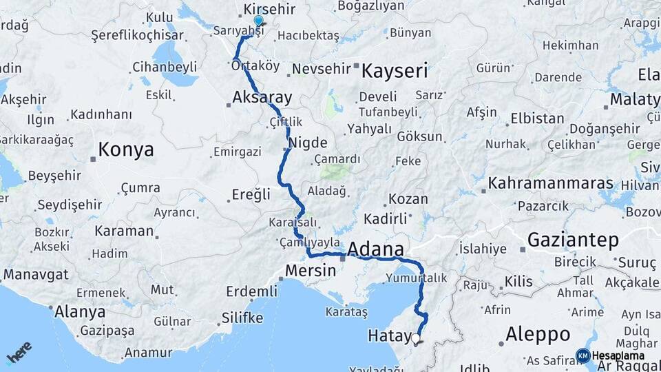 Kırşehir Mucur Hatay Arası Kaç Km - Yol Haritası
