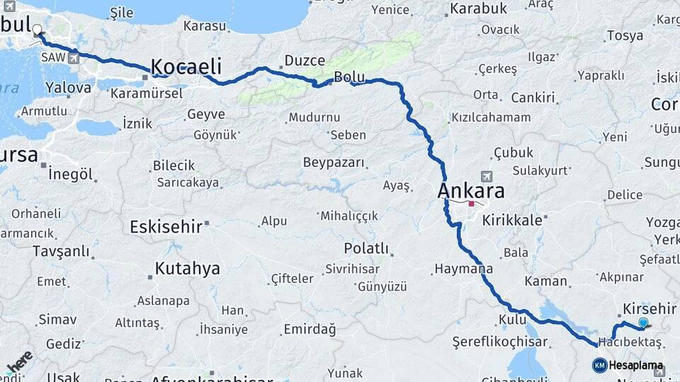 Kırşehir Mucur İstanbul Arası Kaç Km - Yol Haritası