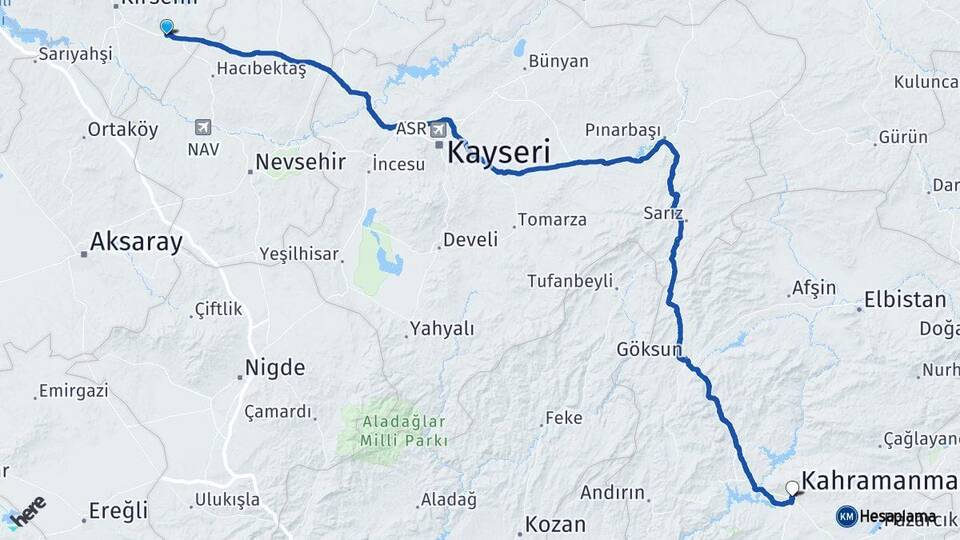 Kırşehir Mucur Kahramanmaraş Arası Kaç Km - Yol Haritası