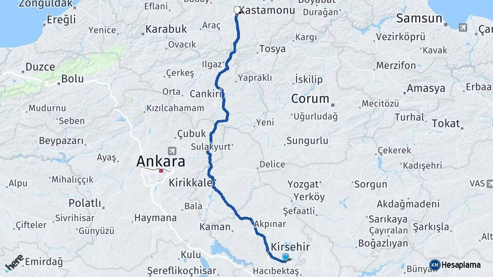 Kırşehir Mucur Kastamonu Arası Kaç Km - Yol Haritası