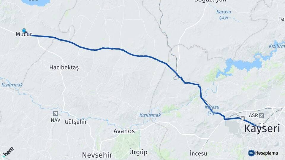 Kırşehir Mucur Kayseri Arası Kaç Km - Yol Haritası