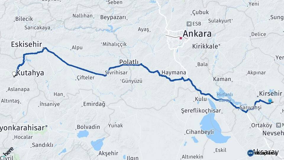Kırşehir Mucur Kütahya Arası Kaç Km - Yol Haritası