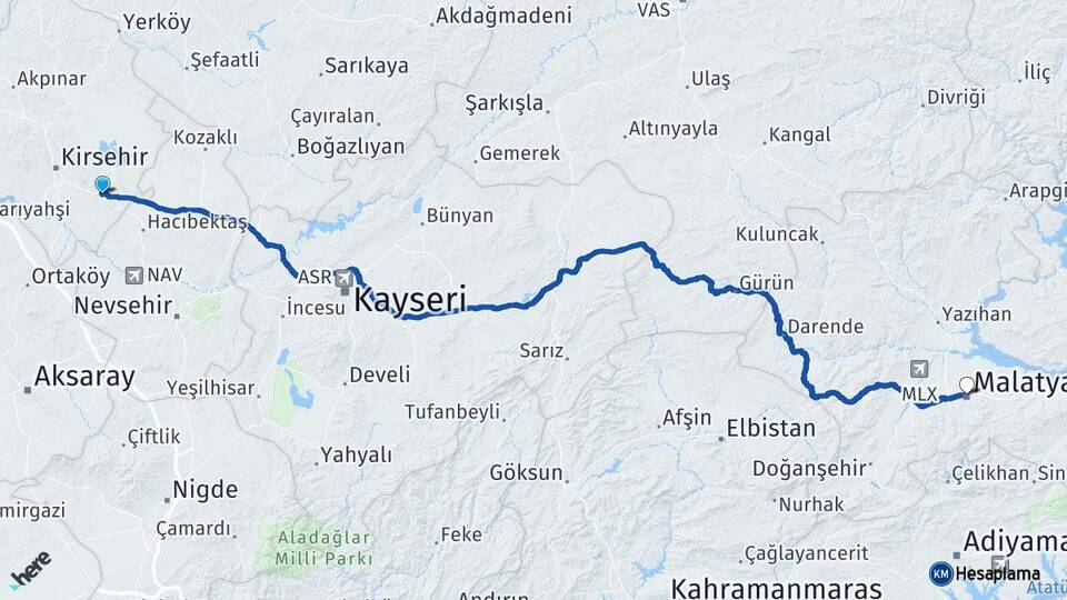 Kırşehir Mucur Malatya Arası Kaç Km - Yol Haritası