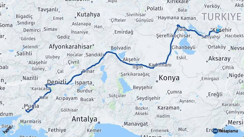 Kırşehir Mucur Muğla Arası Kaç Km - Yol Haritası